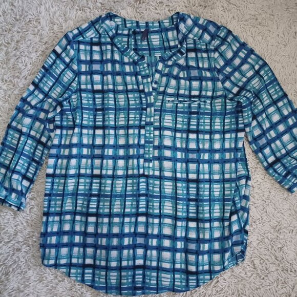 NYDJ L Blue Green Painterly Plaid Chiffon Tunic Top 3/4 Sleeve Pullover - Picture 1 of 8